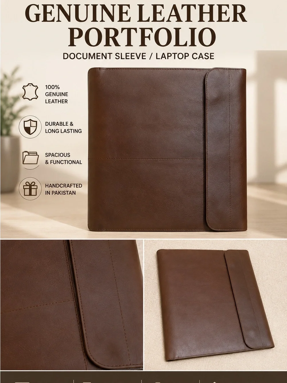 Genuine Leather Brown Portfolio Document Sleeve -